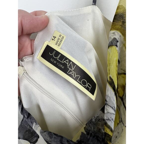 Julian Taylor Size 14 Floral Dress Sleeveless Belted Yellow Black White - Picture 3 of 8